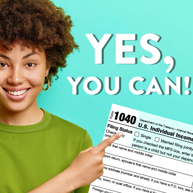 A young smiling girl is pointing to the phrase that says Yes, you can and to the form U.S. individual Income tax return form 1040. This symbolizes that with the information provided below by Next Moving Company all who are eligible can save money if their moving expenses are tax deductible.