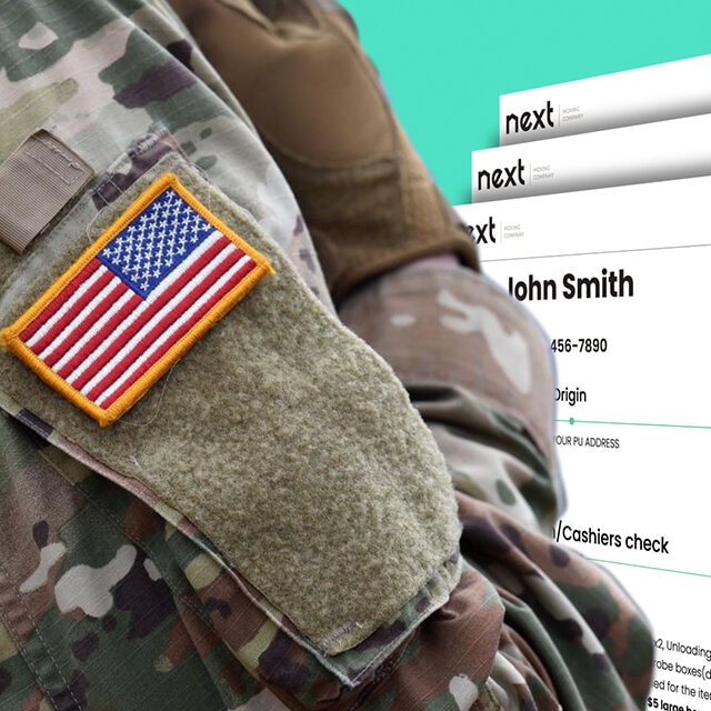 A person in a military uniform and Next Moving Company standard contracts symbolize moving expense deductions for military members.