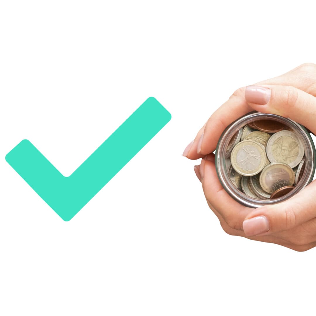 Next Moving brand mint color checkmark and woman hands that hold a jar full of coins symbolize all moving expenses that are tax deductible. Which means that you can save money if your moving expenses are tax deductible.