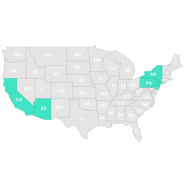 Map of the United States of America that shows the states where you can deduct moving expenses on your state income tax return which are highlighted with the Next Moving brand mint color. All the rest of the states are light-grey colored.