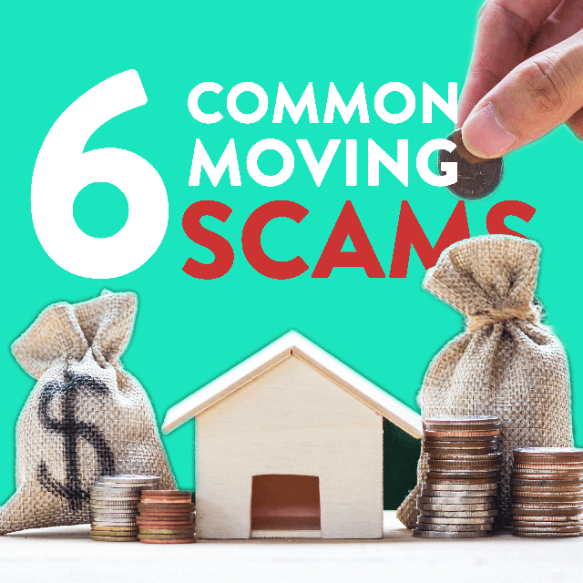 Wooden toy house is located on the desk and surrounded with piles and bags of coins. Human fingers is dropping another coin into the pile from the top right corner of the picture. Big 6 common moving scams text covers the top half of image. all this represents that avoiding scams will help you to save a lot money.