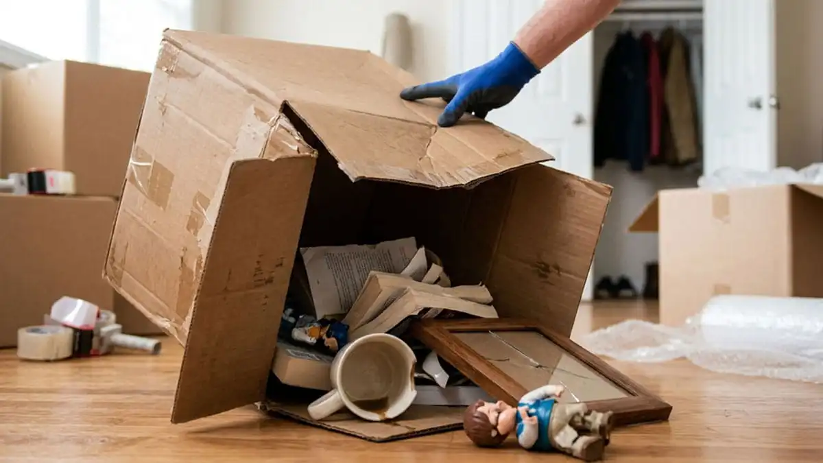 Damaged free moving box showing why free moving boxes cost more