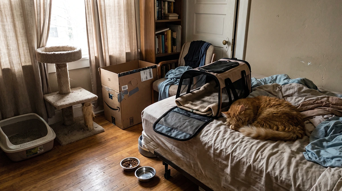 Ginger cat asleep by an open carrier in a half-packed room - moving with cats