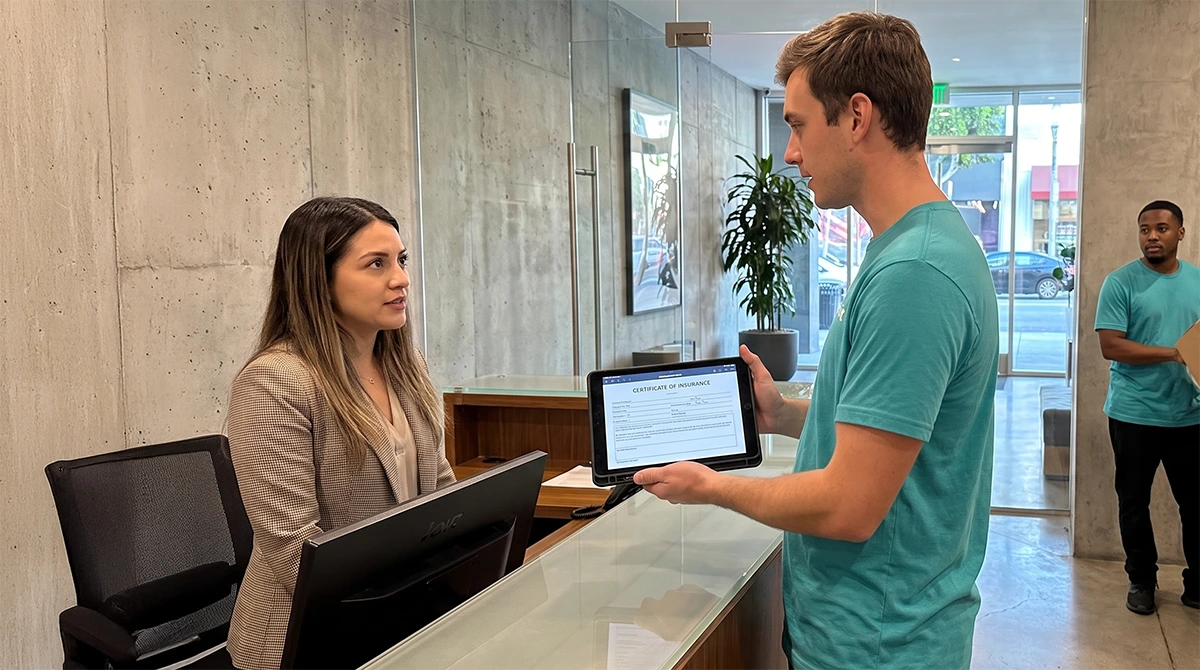Mover showing a certificate of insurance to a building manager on a tablet