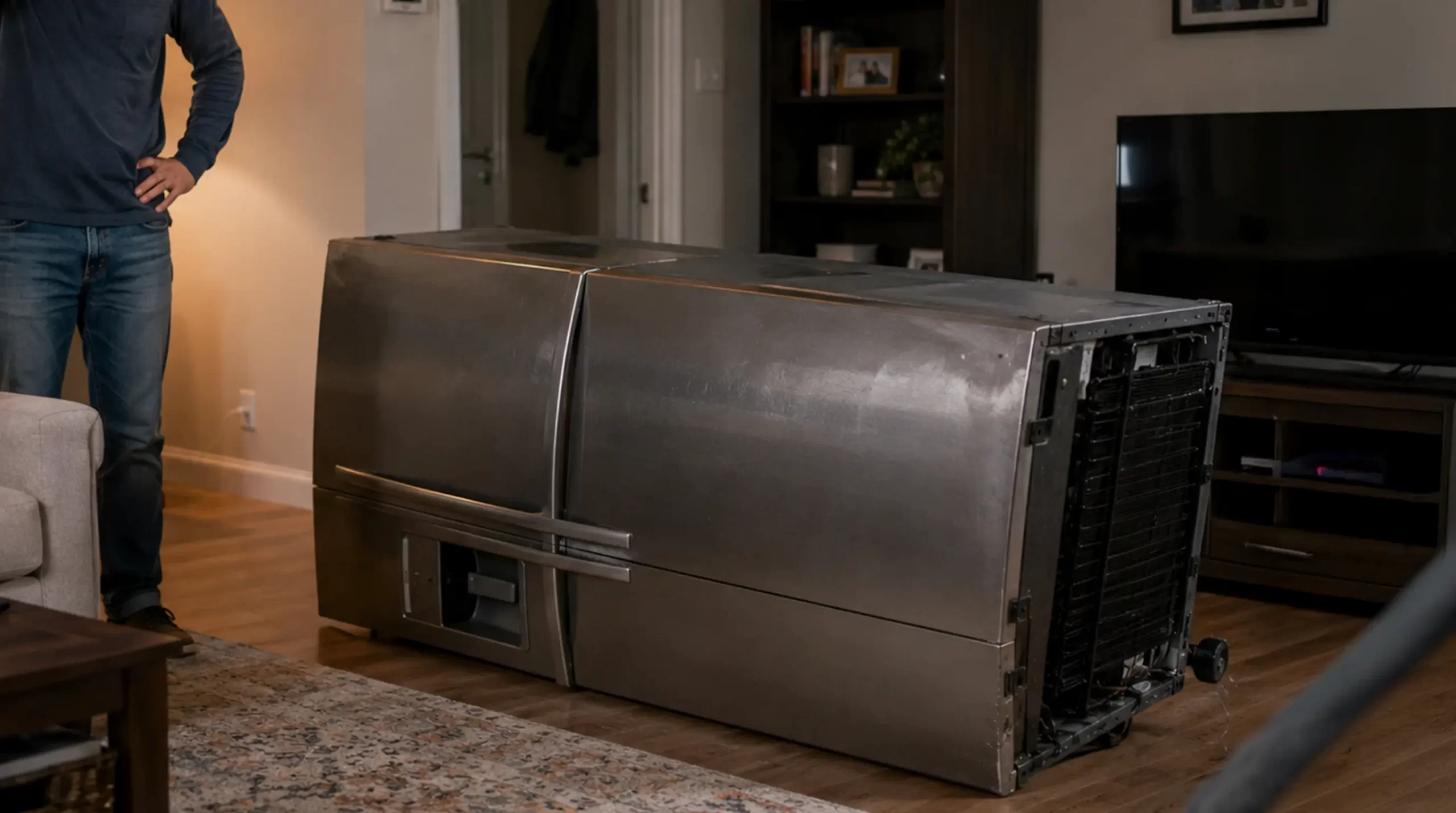 Fridge laid flat on a living room floor - can you move a fridge on its side