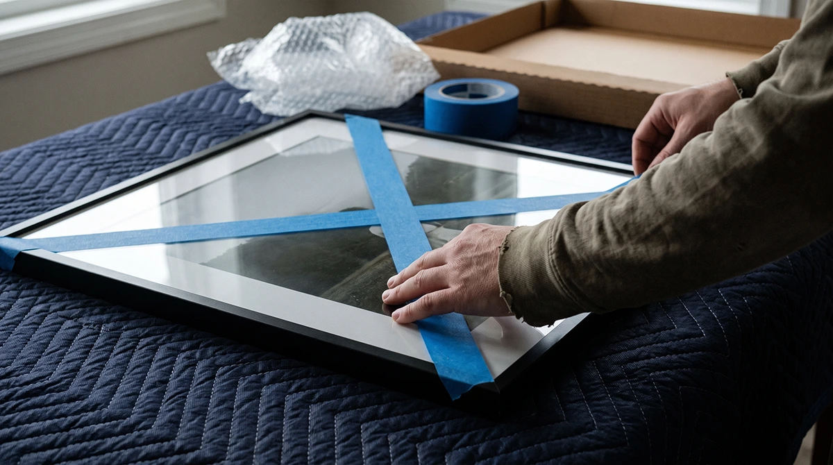 Taping an X on picture glass with painter's tape - how to pack pictures