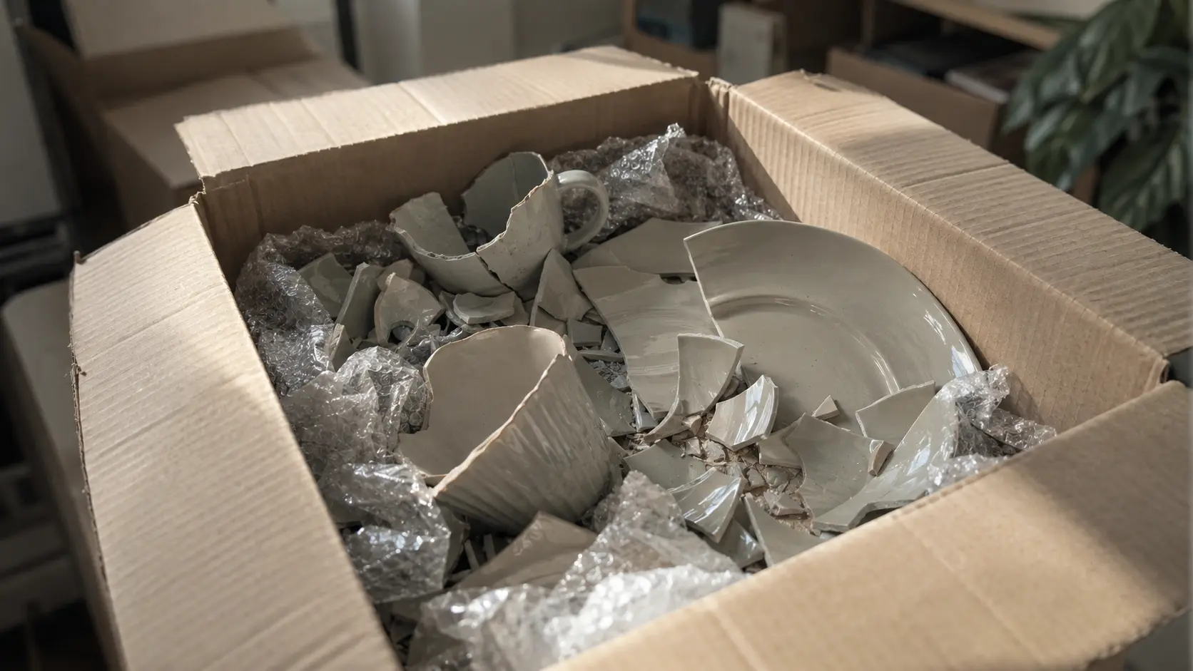 Box of shattered plates and mugs in bubble wrap - how to pack fragile items