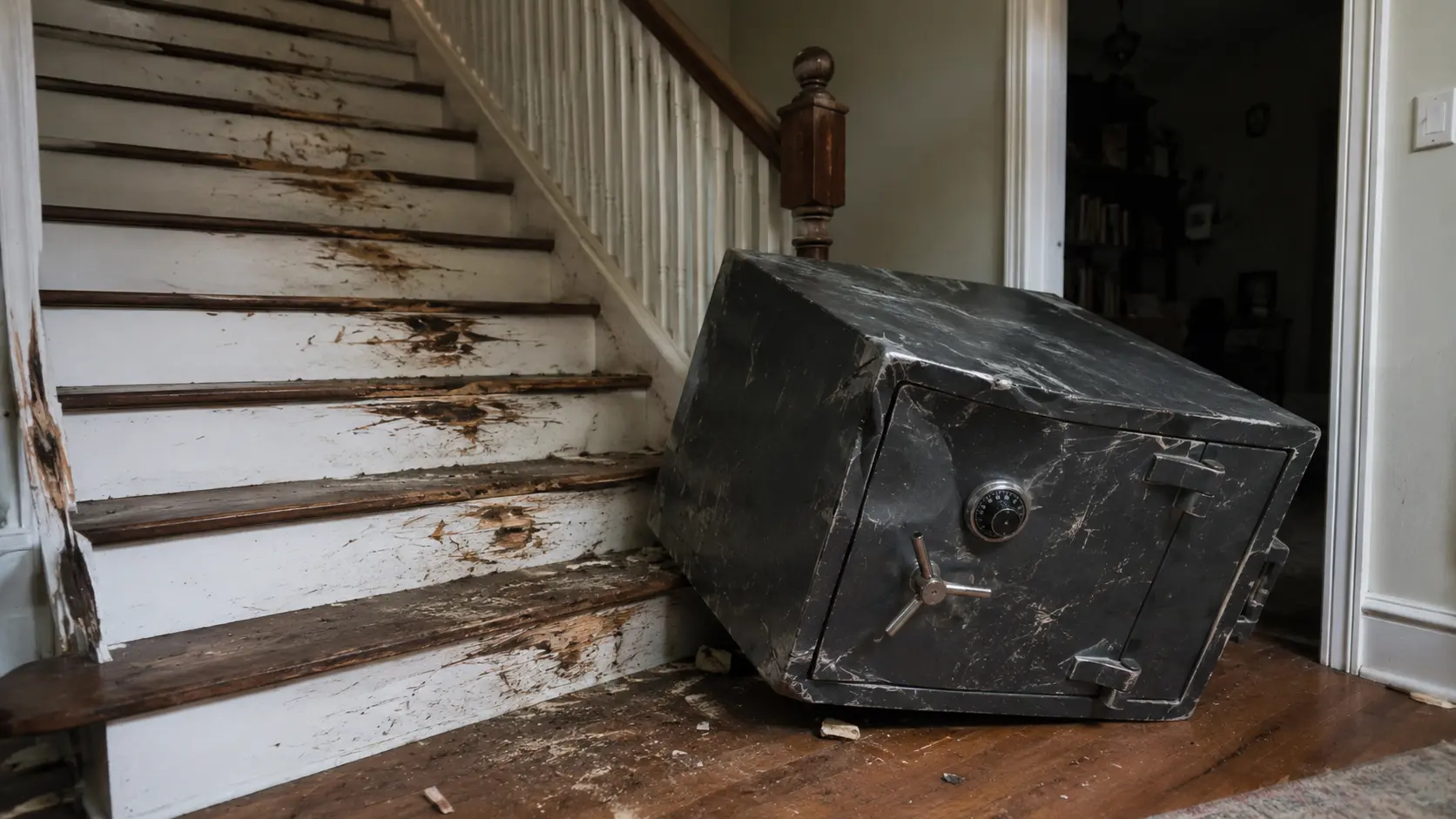 Fallen safe and gouged stairs after a DIY move - risks of moving heavy items