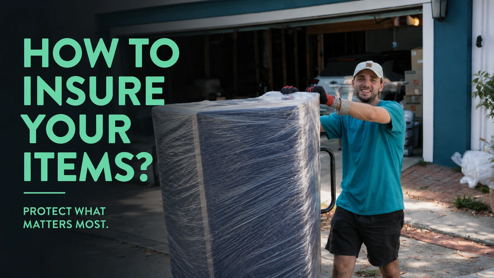 Mover wheeling a wrapped mattress out of a garage - moving insurance guide