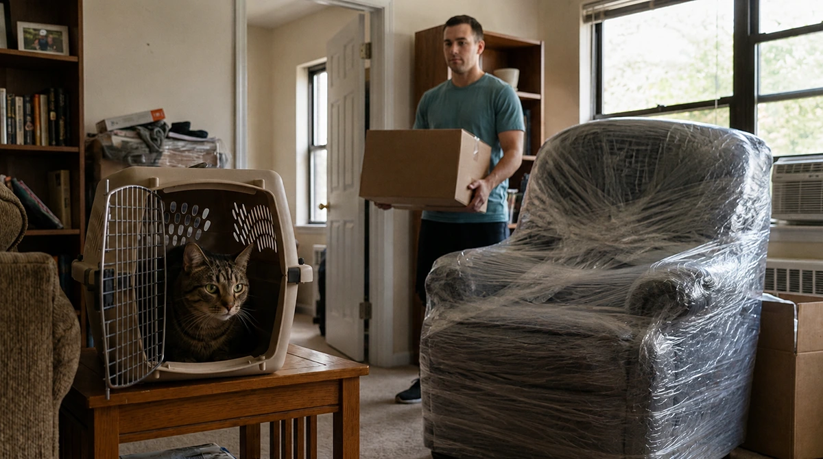 Tabby cat in a carrier while a man packs boxes - packing with cats at home